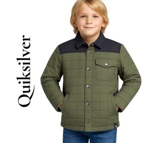 Quiksilver Boys Quilted Jacket Olive Green Black Colorblock Snap Front L (14/16)